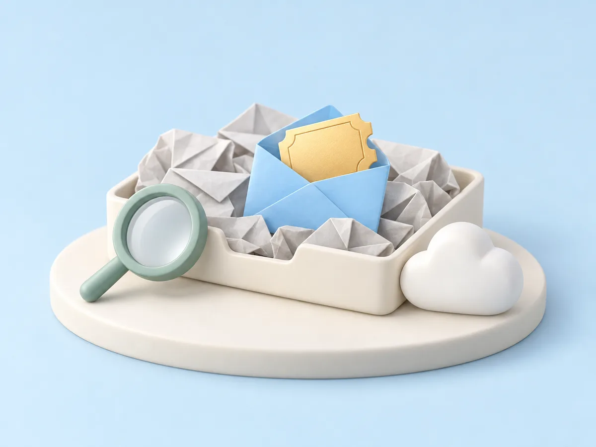 Illustration of a blue envelope holding a golden ticket, lifted from a tray of crumpled junk mail, next to a magnifying glass and a small white cloud.