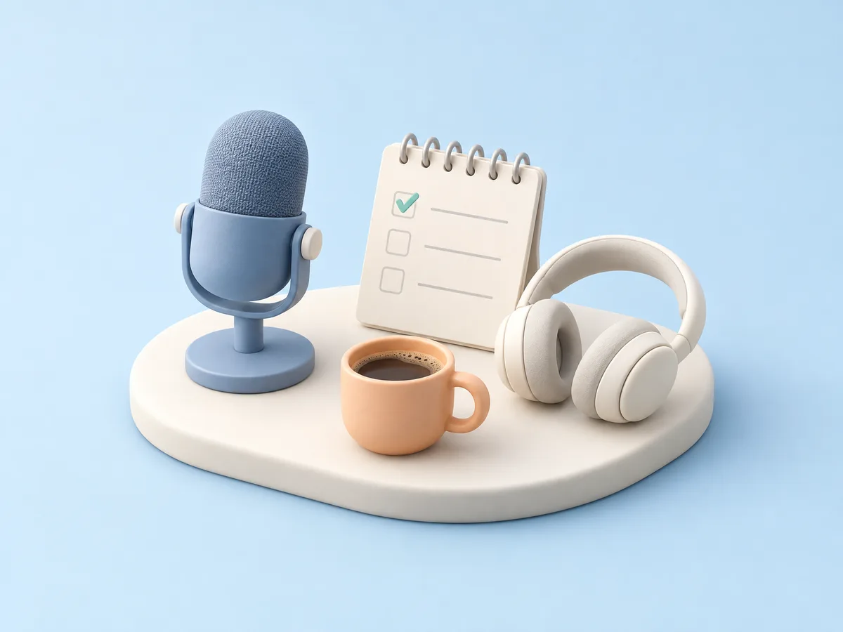 Illustration of a blue ceramic studio microphone, a spiral notepad with one ticked checklist line, ivory headphones, and an apricot coffee cup on an ivory platform.