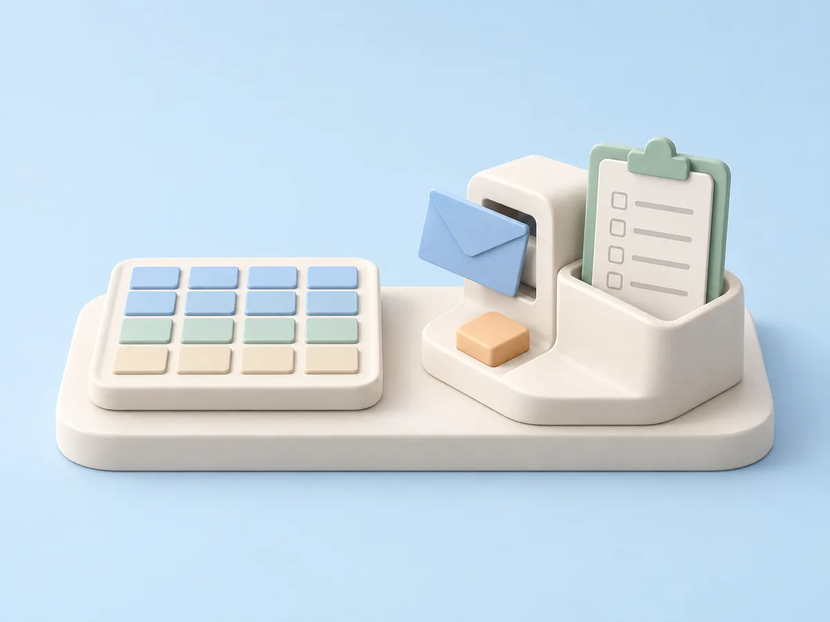 Illustration of a still grid of pastel tiles beside a small ivory organizer taking in a blue envelope, with a checklist clipboard ready.