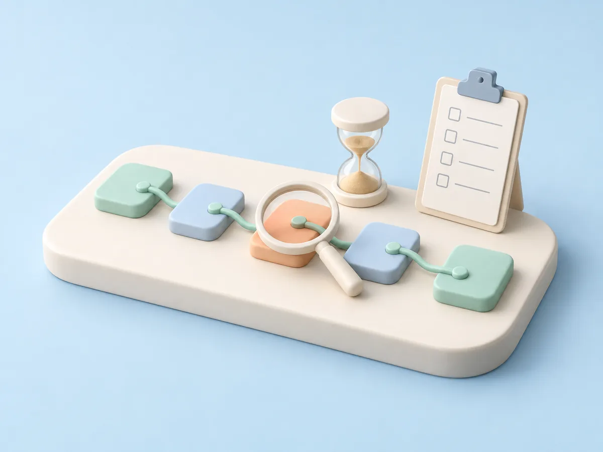 Illustration of a path of pastel tiles joined by a cord, with one apricot tile under a magnifying glass, an hourglass, and a checklist clipboard.