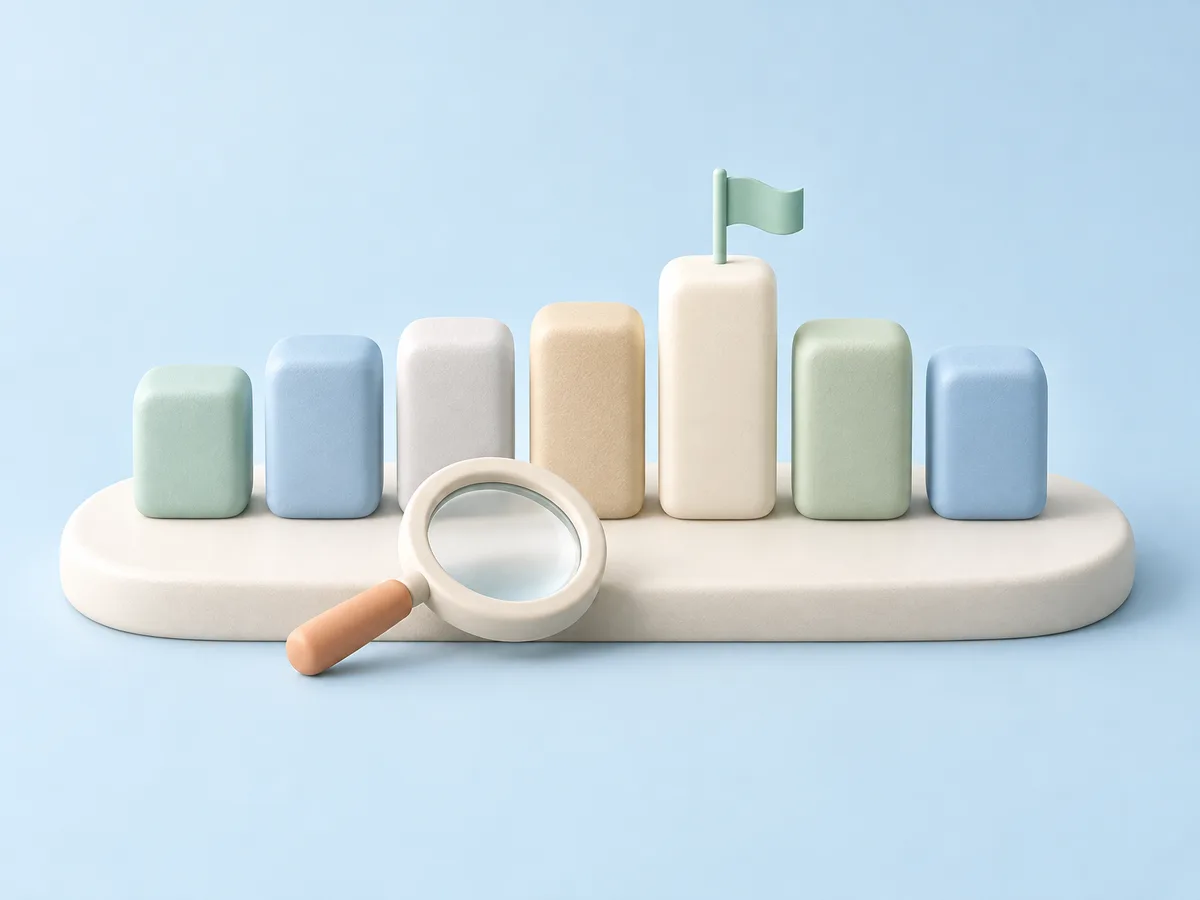 Illustration of seven small rounded pastel blocks in a row on an ivory platform, one ivory block raised slightly higher with a tiny mint flag, and a magnifying glass resting in front.