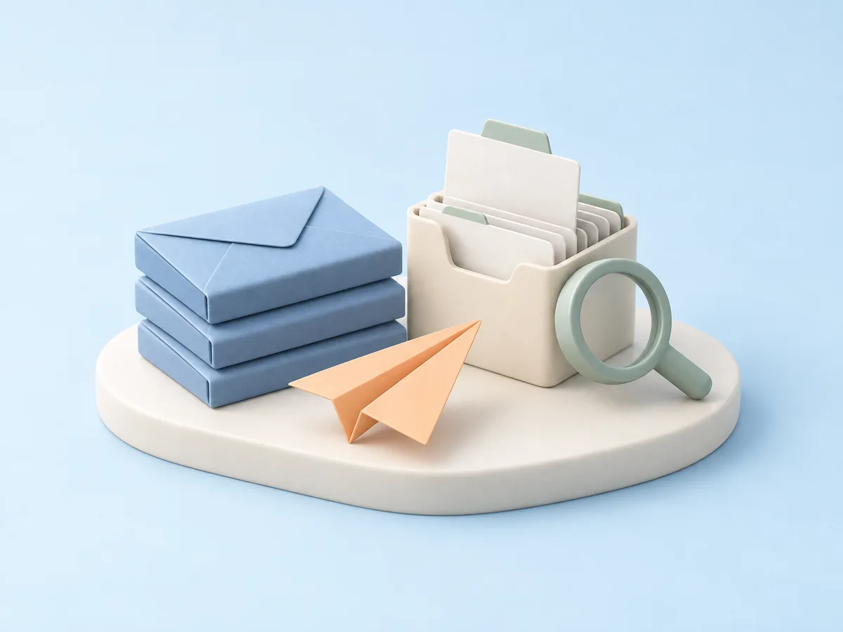 Illustration of a short stack of blue envelopes, a small card file of blank contact cards, a ceramic magnifying glass, and an apricot paper plane on an ivory platform.