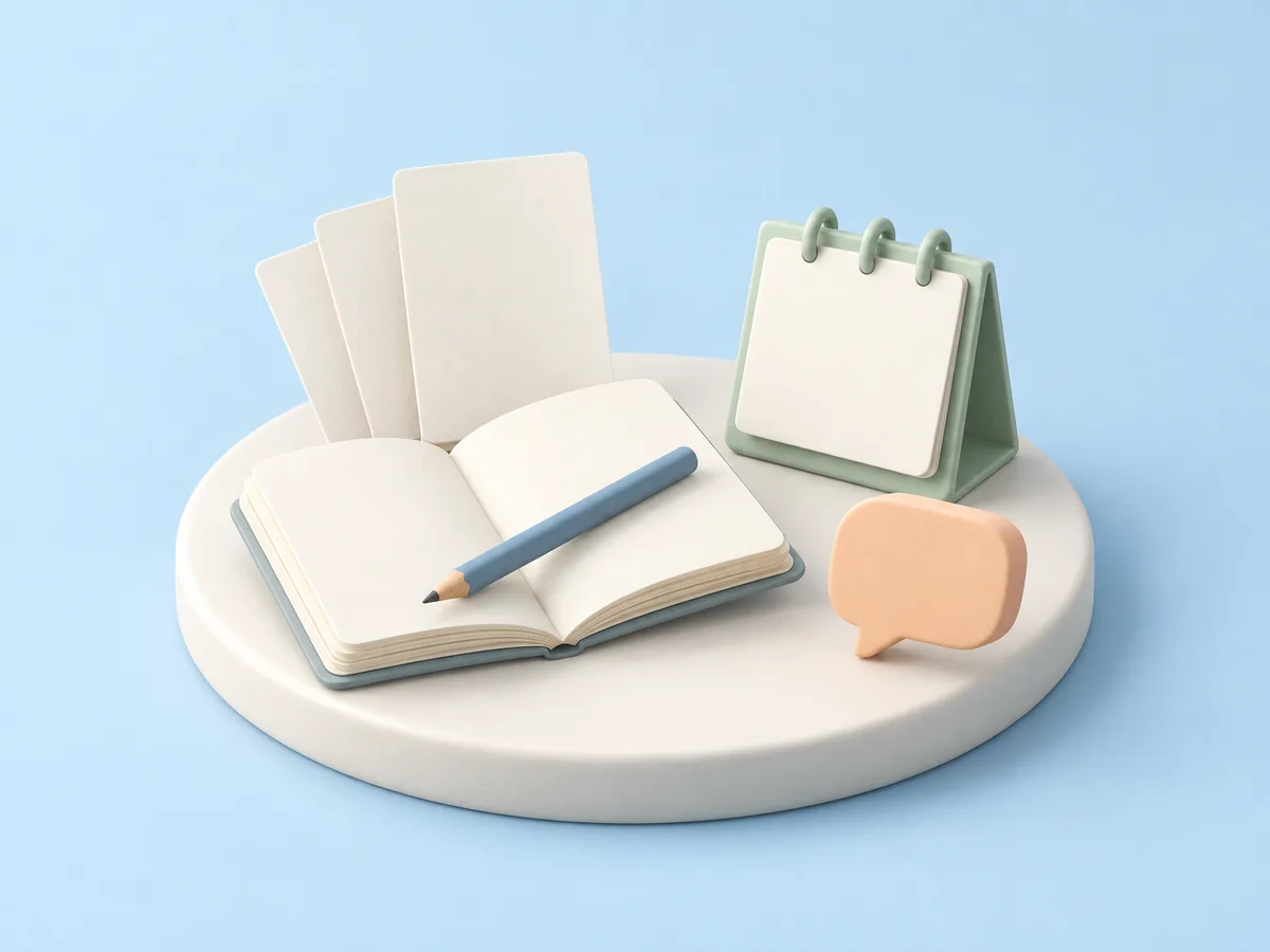 Illustration of an open notebook with a blue pencil, a fan of blank paper cards, a mint desk calendar, and an apricot speech bubble on an ivory platform.