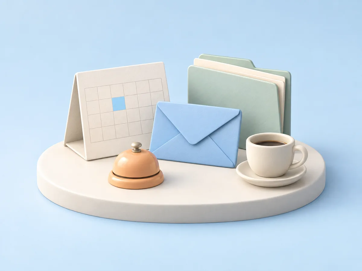 Illustration of a desk calendar card with one day highlighted, a sealed blue envelope, a mint folder of papers, a small apricot desk bell, and a cup of coffee on an ivory platform.