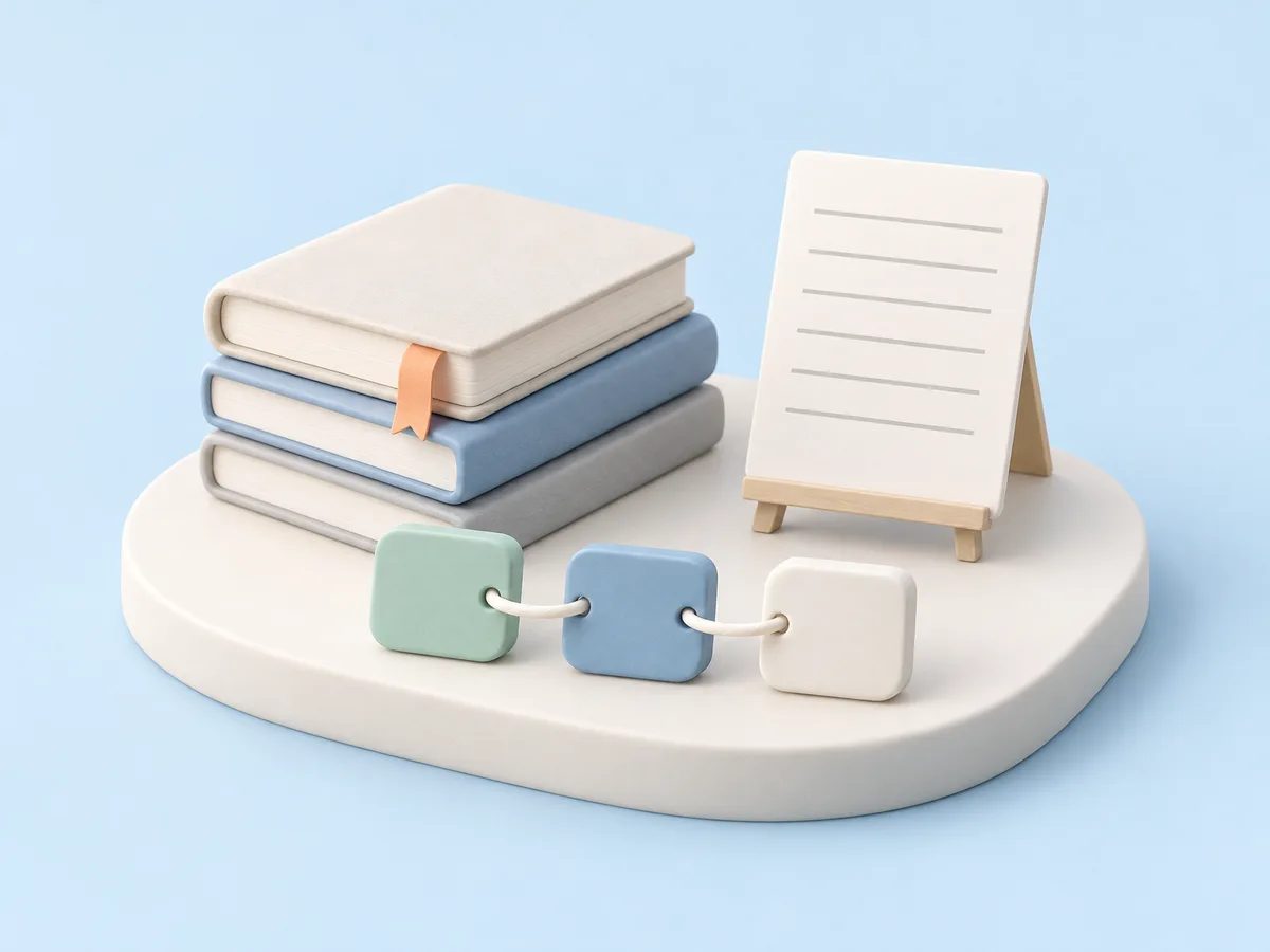 Illustration of a stack of notebooks with an apricot bookmark, a lined page on a small easel, and three linked mint, blue, and ivory tiles on an ivory platform.