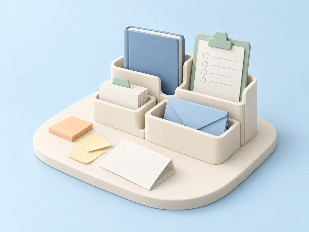 Illustration of a modular ivory desk organizer holding a ledger, a checklist clipboard, index cards, and an envelope, with loose sticky notes and grid paper beside it.