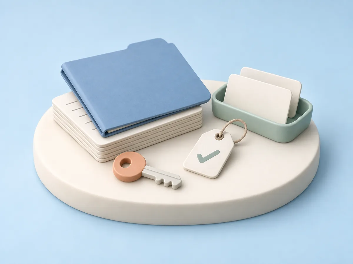 Illustration of a blue folder resting on a stack of ivory task cards, with a small key, a paper tag with a check mark, and a mint tray of blank cards on an ivory platform.