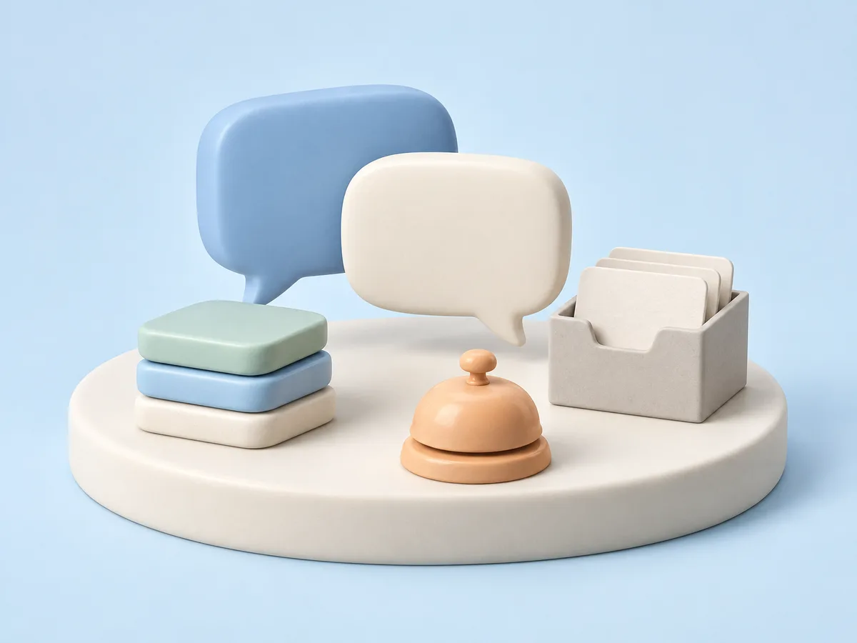 Illustration of two rounded speech bubbles, a small stack of ceramic tiles, a paper card file, and a desk bell on an ivory platform.