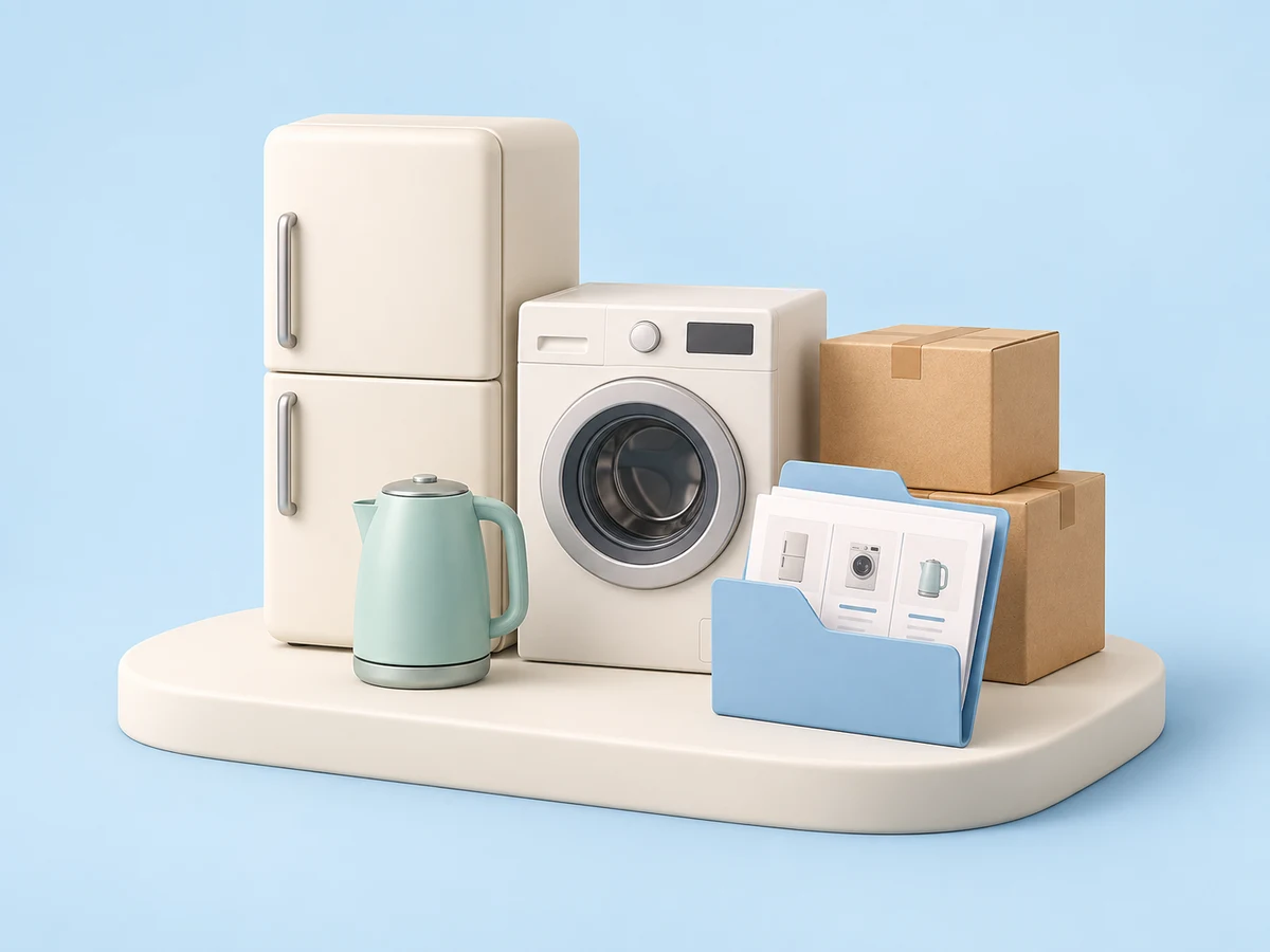 Illustration of a refrigerator, washing machine, and kettle alongside shipping boxes and a folder of product specification sheets.