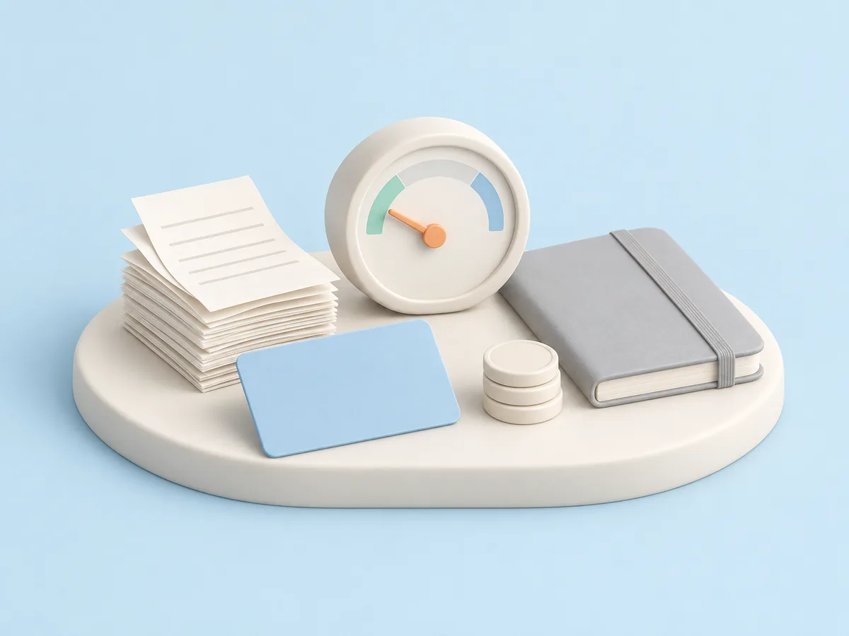 Illustration of a stack of blank paper receipts, a pale blue payment card, a small ceramic gauge with its needle low, a few plain coins, and a closed notebook on an ivory platform.