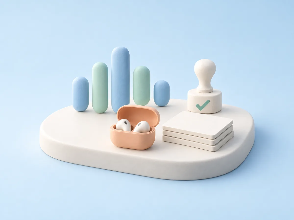 Illustration of a sound wave made of rounded blue and mint bars, a desk stamp with a mint check mark, a stack of paper cards, and an apricot earbud case on an ivory platform.