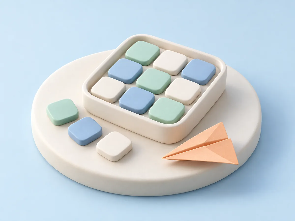Illustration of a rounded ivory organizer tray holding neat rows of small app tiles, a few loose tiles beside it, and a small apricot paper plane on an ivory platform.